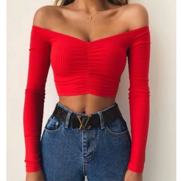 Tiger Mist Red Long Sleeve Off the Shoulder Crop Top - Picture 1 of 5